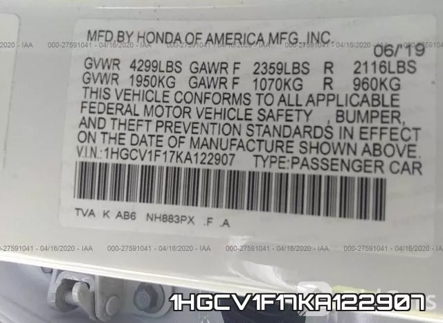 1HGCV1F17KA122907 фото 10