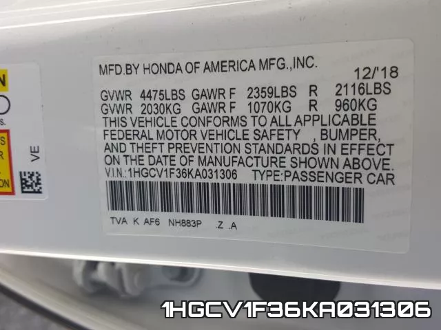 1HGCV1F36KA031306 фото 2