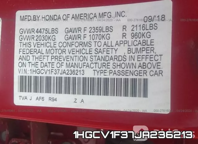 1HGCV1F37JA236213 фото 10