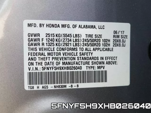 5FNYF5H9XHB026040 фото 2