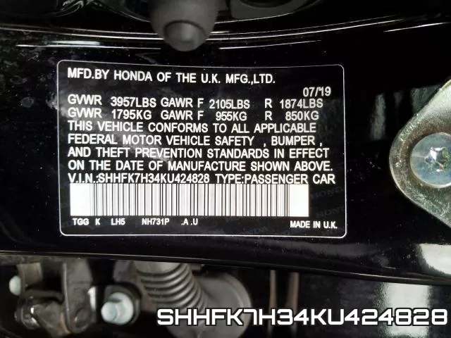 SHHFK7H34KU424828 фото 2