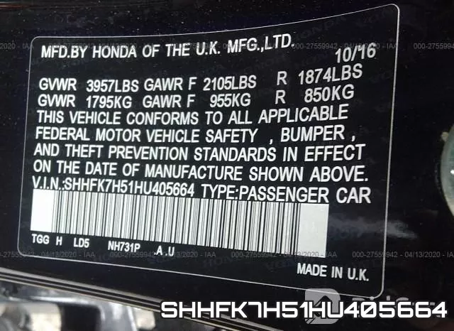 SHHFK7H51HU405664 фото 10
