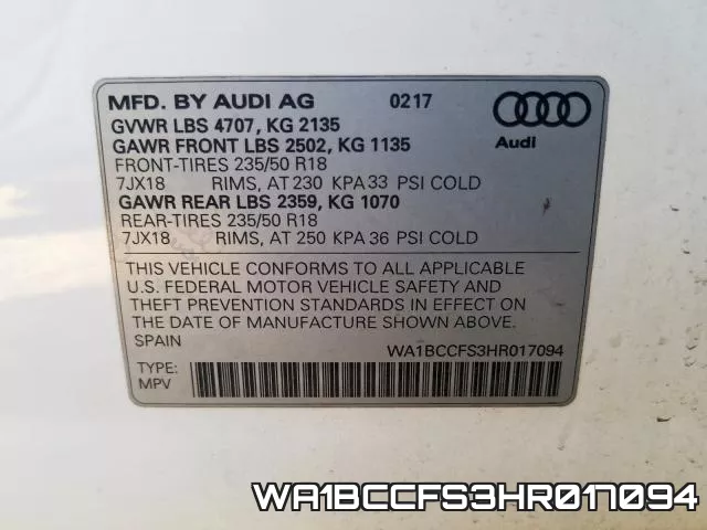 WA1BCCFS3HR017094 фото 2