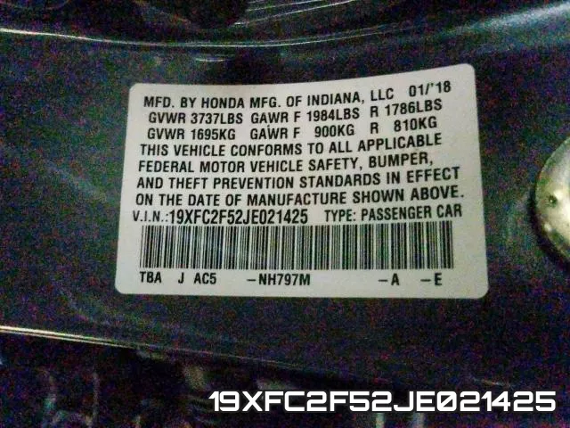 19XFC2F52JE021425 фото 2