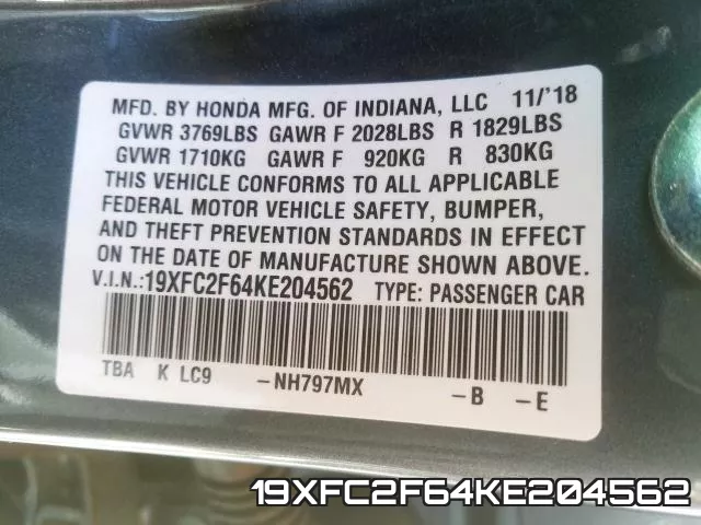 19XFC2F64KE204562 фото 2
