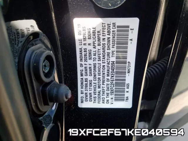 19XFC2F67KE040594 фото 2