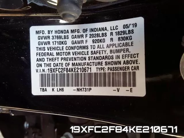 19XFC2F84KE210671 фото 2
