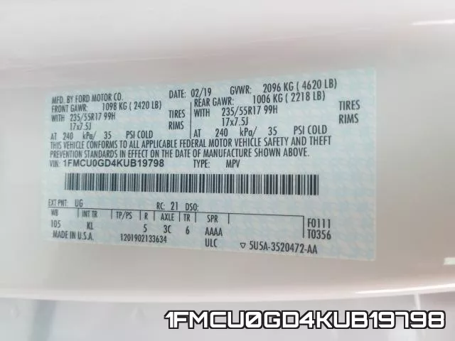 1FMCU0GD4KUB19798 фото 2