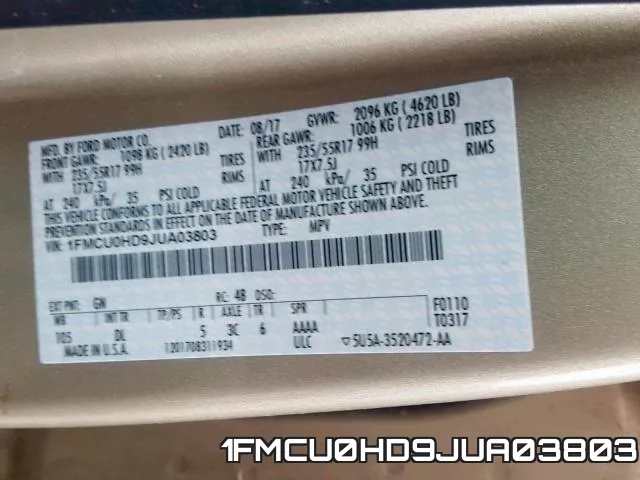 1FMCU0HD9JUA03803 фото 2