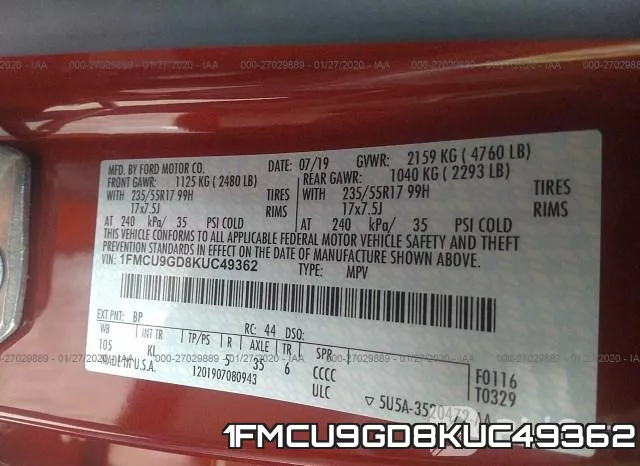 1FMCU9GD8KUC49362 фото 10