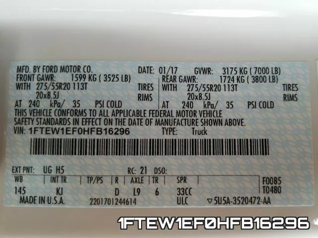 1FTEW1EF0HFB16296 фото 2