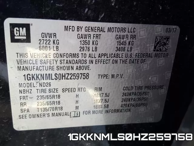 1GKKNMLS0HZ259758 фото 2