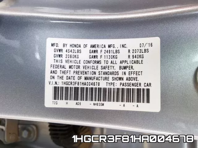 1HGCR3F81HA004678 фото 2