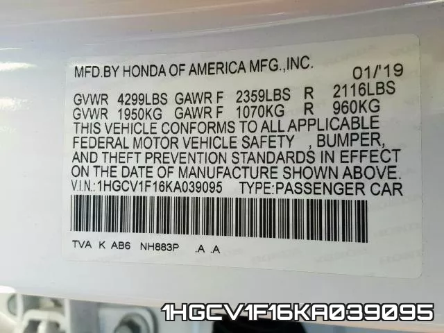 1HGCV1F16KA039095 фото 2