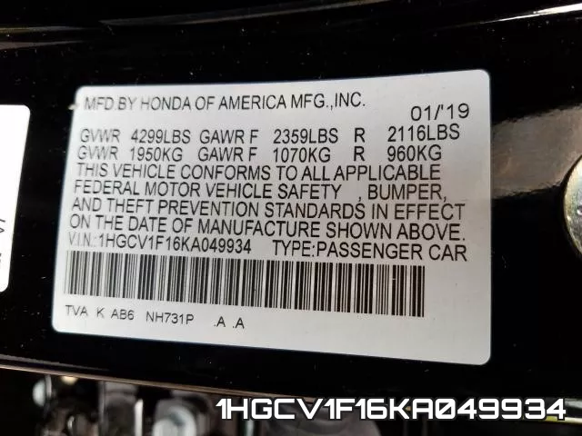 1HGCV1F16KA049934 фото 2