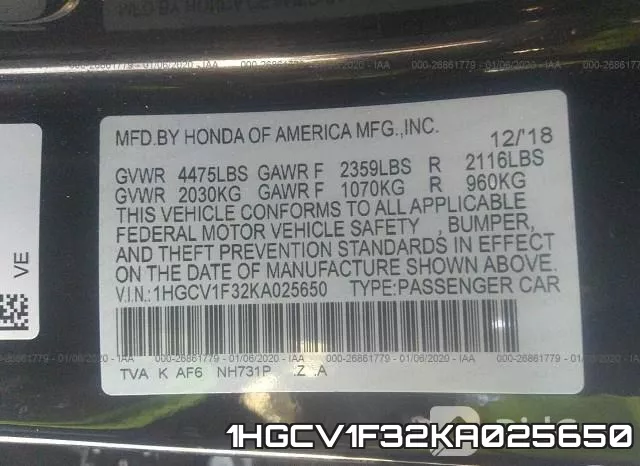 1HGCV1F32KA025650 фото 10