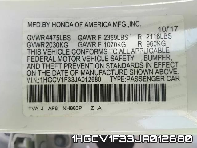1HGCV1F33JA012680 фото 2