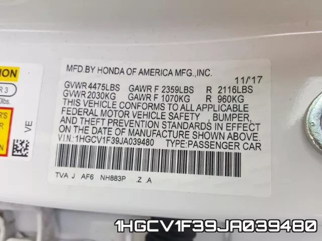 1HGCV1F39JA039480 фото 2