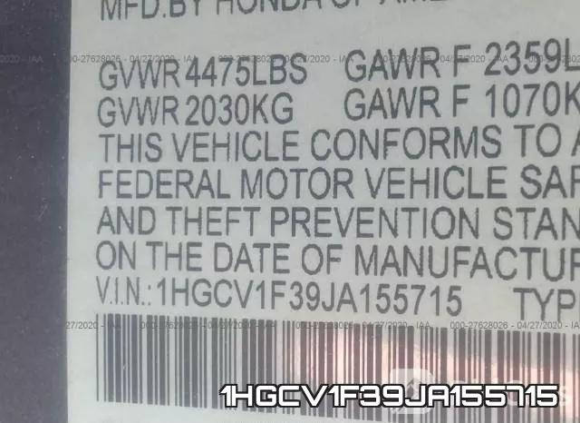 1HGCV1F39JA155715 фото 10