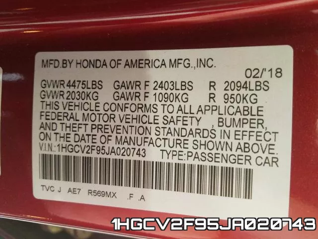 1HGCV2F95JA020743 фото 2