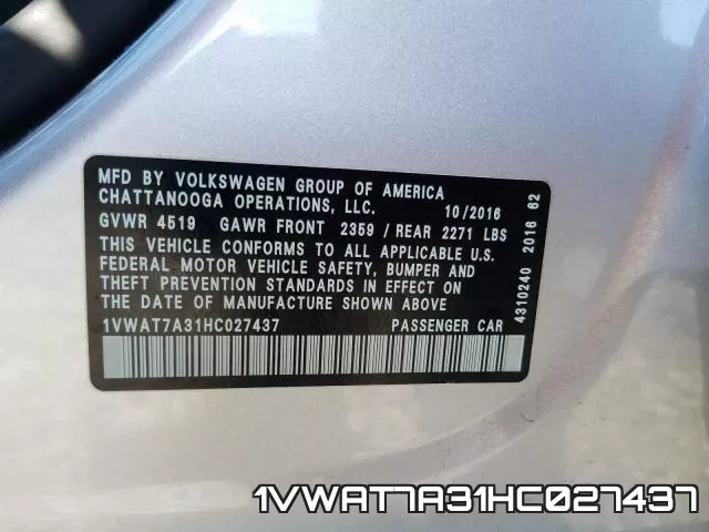 1VWAT7A31HC027437 фото 2