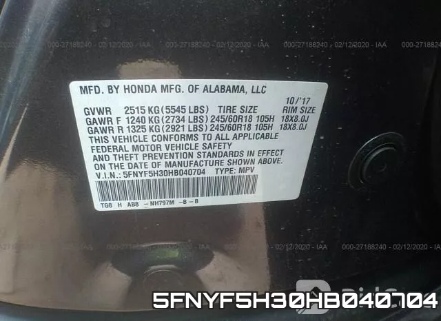 5FNYF5H30HB040704 фото 10