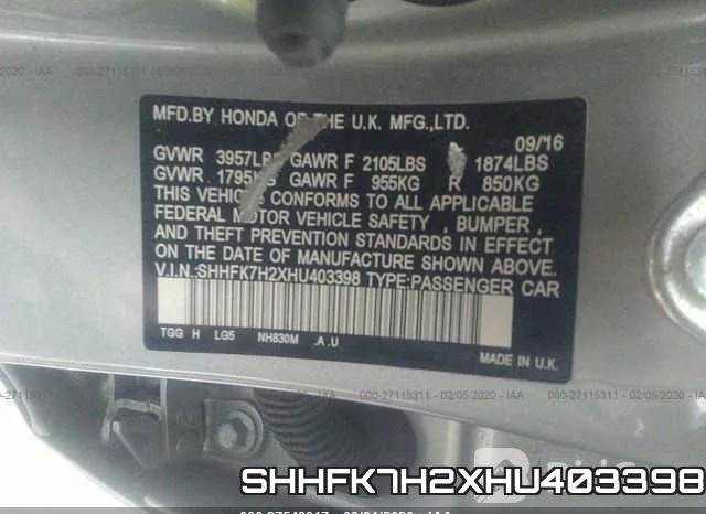 SHHFK7H2XHU403398 фото 10