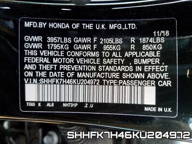 SHHFK7H46KU204972 фото 2