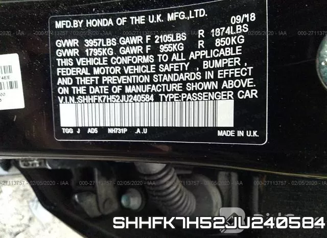 SHHFK7H52JU240584 фото 10