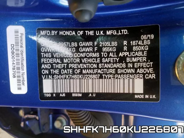 SHHFK7H60KU226807 фото 2