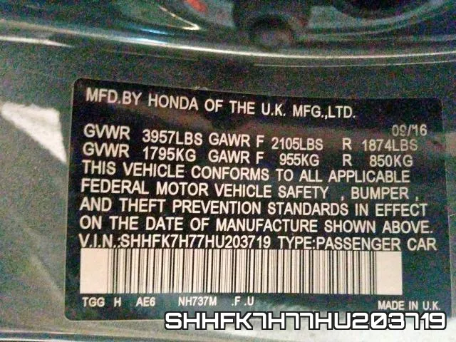 SHHFK7H77HU203719 фото 2