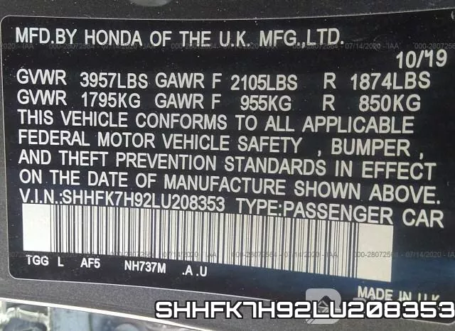 SHHFK7H92LU208353 фото 10
