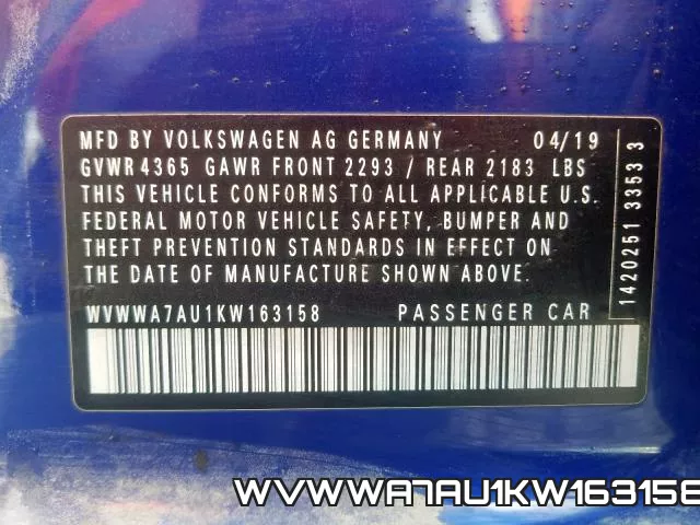 WVWWA7AU1KW163158 фото 2