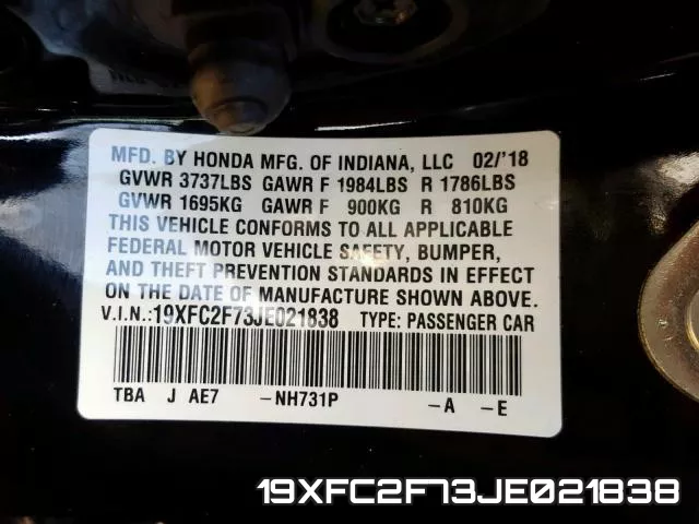 19XFC2F73JE021838 фото 2