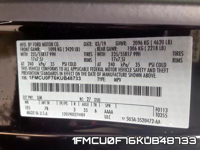 1FMCU0F76KUB48733 фото 2