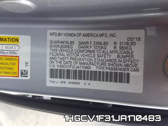 1HGCV1F31JA170483 фото 2