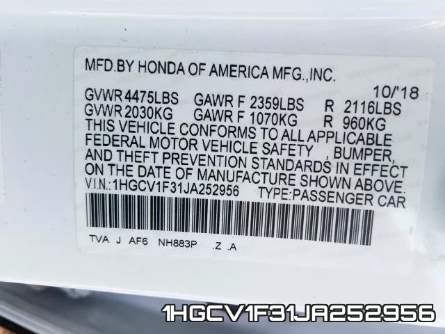 1HGCV1F31JA252956 фото 2