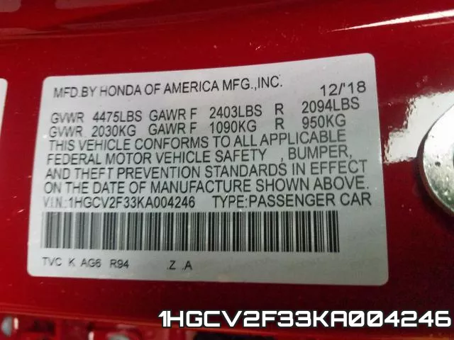 1HGCV2F33KA004246 фото 2