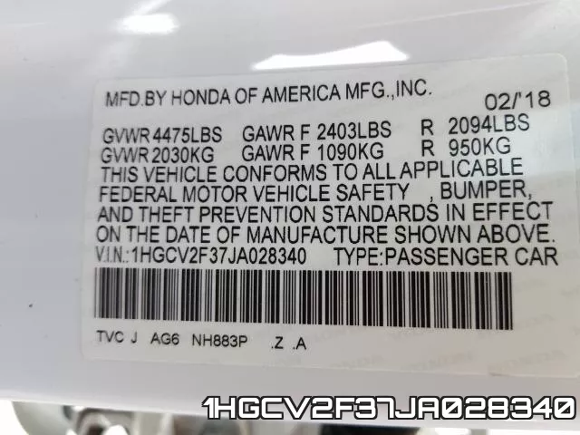 1HGCV2F37JA028340 фото 2