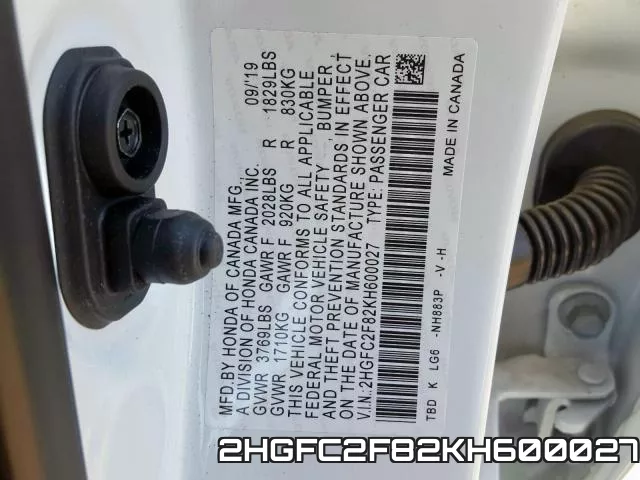 2HGFC2F82KH600027 фото 2