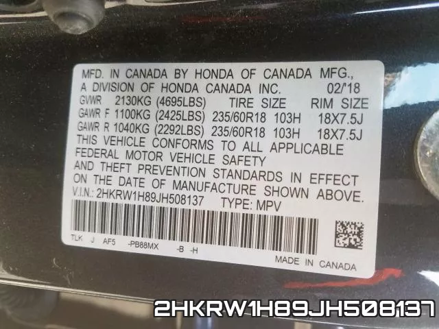 2HKRW1H89JH508137 фото 2