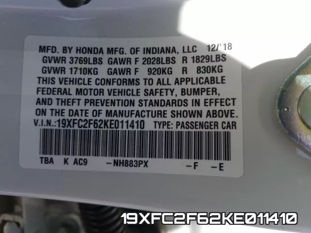 19XFC2F62KE011410 фото 2
