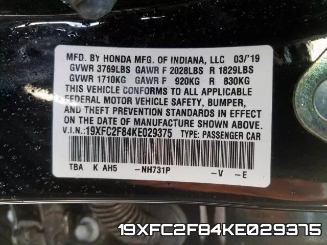 19XFC2F84KE029375 фото 2