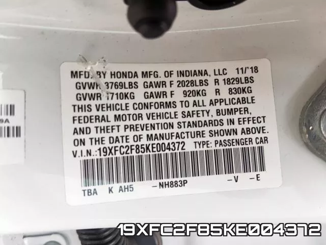 19XFC2F85KE004372 фото 2