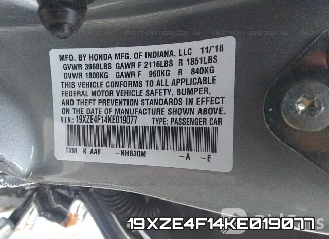 19XZE4F14KE019077 фото 10