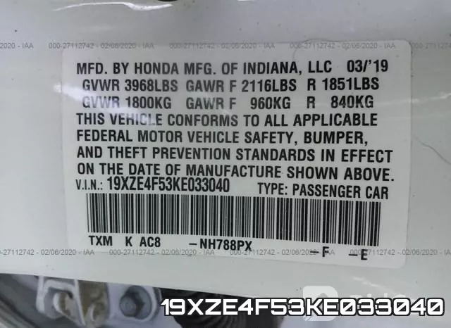 19XZE4F53KE033040 фото 10