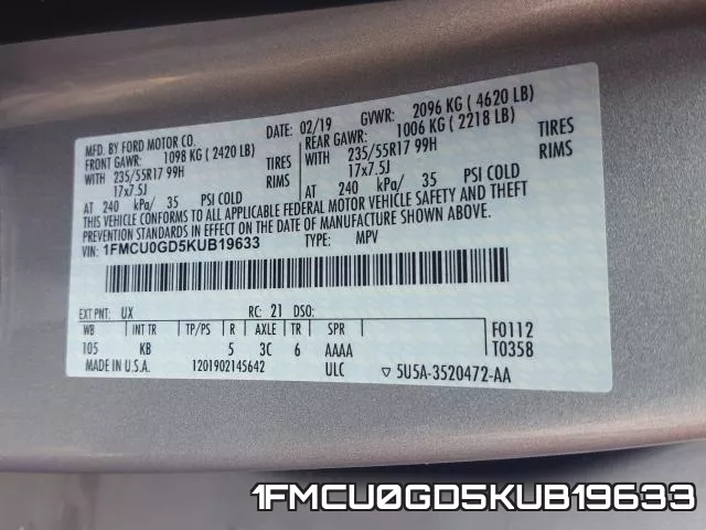 1FMCU0GD5KUB19633 фото 2