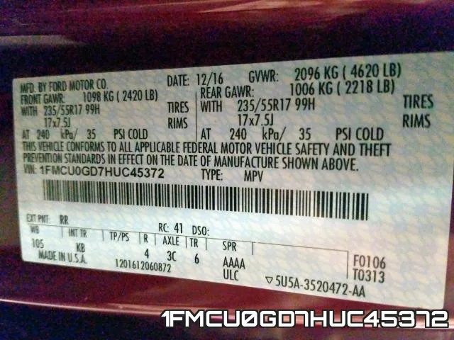 1FMCU0GD7HUC45372 фото 2