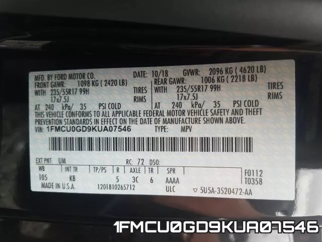 1FMCU0GD9KUA07546 фото 2