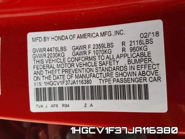 1HGCV1F37JA116380 фото 2